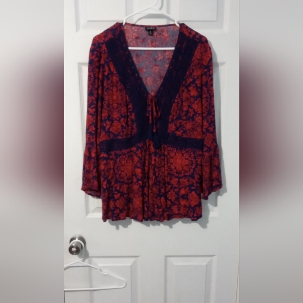 Torrid Red and Blue A-Line Pleated Blouse